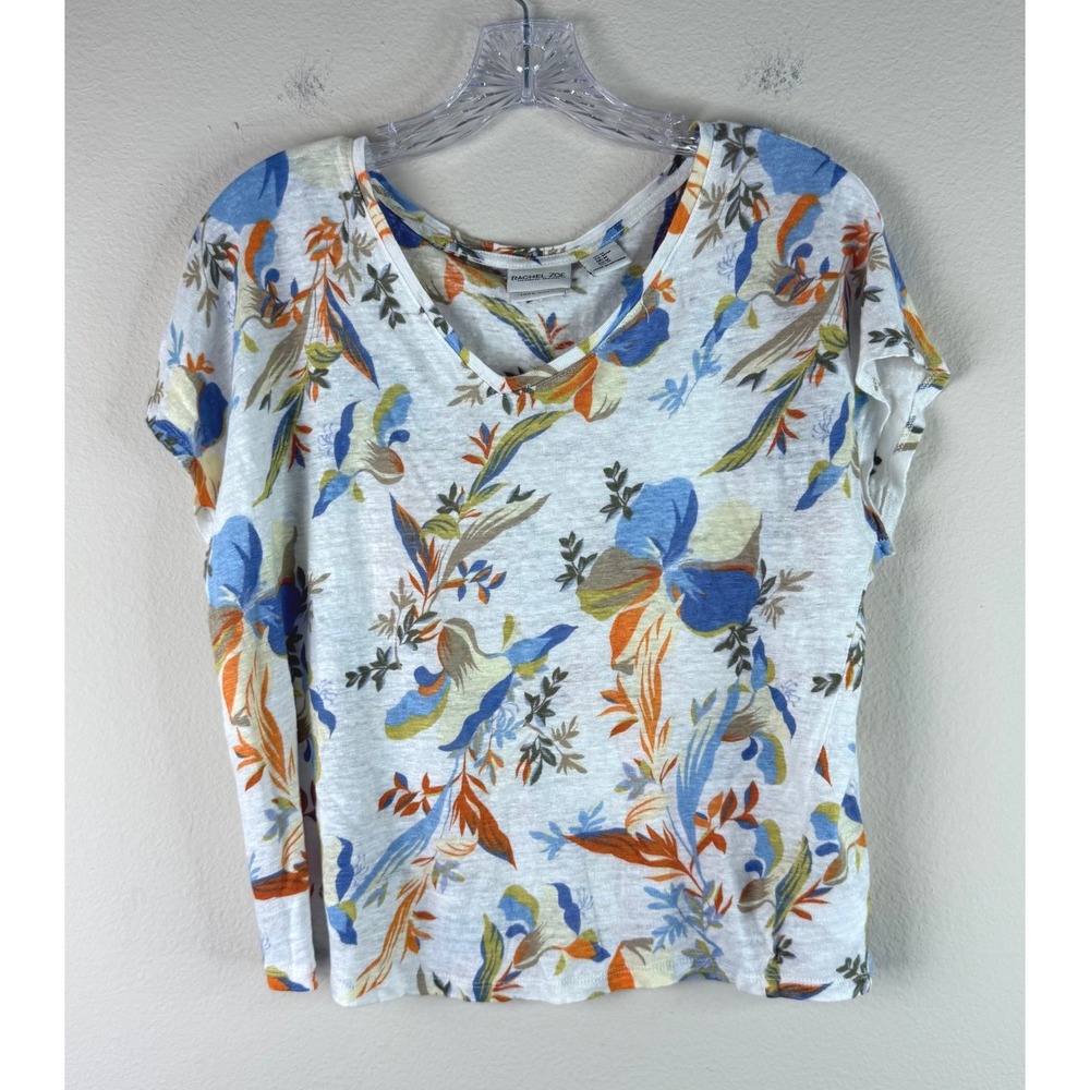 Rachel Zoe Top Womens Medium White Floral V-Neck 100% Linen Short Sleeve Tee